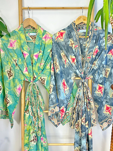 Kimono bohemio de lujo para hombre Haori, bata de mezcla sedosa en verde lima Aqua Long Casual Summer Beach Artist House Style - Product Image 4