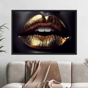 Tableau imprimé sur toile : Glamour Gold Lips, décoration moderne chic, 1P : encadré noir - Product Image 1