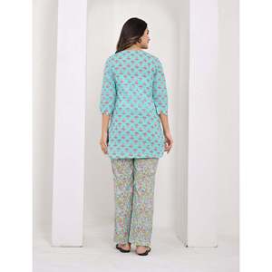 ชุดเซ็ตผ้าฝ้ายสำหรับผู้หญิง Firozi ลายบุตติ แขนสามส่วนติดกระดุม เสื้อและกางเกงเข้าชุด สำหรับใส่ในช่วงฤดูร้อน ไซส์ XS - Product Image 5