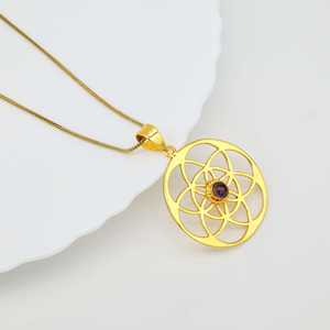 Nuevo Collar de Moda con Colgante Boho de Geometría Sagrada, Collares de Latón para Mujer, Chapado en Oro de 18k, Semilla de la Vida, Amatista, Venta al por Mayor/OEM - Product Image 4