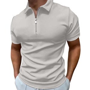 Men's Gray Short Sleeve Knitted Polo <b>Shirt</b> With Zipper <b>Collar</b> And Front Pocket Casual Style - Product Image 3