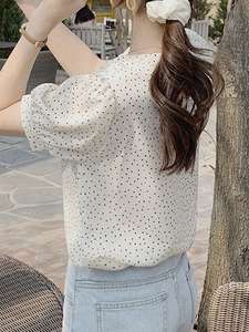 Chemise décontractée Zomerblouse Met Korte Mouwen Voor Dames Chemisier femme manches courtes col V imprimé pois - Product Image 6