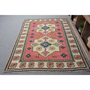 Traditional <b>Red</b> Beige Wool Rug 5.2 X 7.3 ft Vintage Turkish Large Area Patchwork Pattern for Living Room Hallway Decor for Teens - Product Image 1