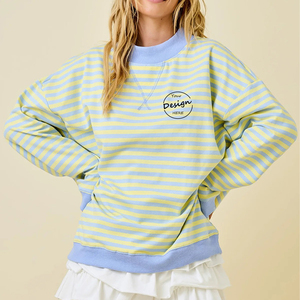 Conjunto de Dos Piezas de Sudadera y Pantalones Cortos de Felpa Francesa a Rayas Lisas Bordadas Personalizadas, Ropa Deportiva Estampada, Conjuntos de Sudadera con Cuello Alto - Product Image 3