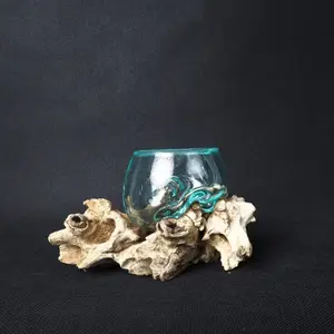Fishbowl art glass over standing antique teak wood driftwood