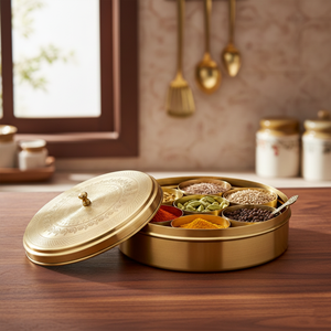 กล่องเครื่องเทศทองเหลืองแกะสลักด้วยมือแบบดั้งเดิม สำหรับใช้ในครัว มีเจ็ดช่องและช้อน - Product Image 5