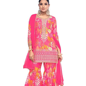 Traje Gharara de trabajo de secuencia de bordado de seda Chinon de último diseñador por Fab Zone - Product Image 1