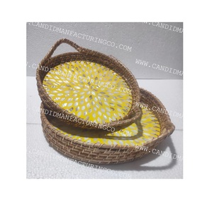 Natural Crafts High Quality Round Rattan Serving Tray with Mother of Pearl Base Stylish Wicker Coffee Tray <b>Sets</b> - Product Image 4