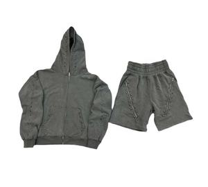 Custom Logo Acid Wash Zipper Rhinestone Streetwear <b>Men</b> <b>Shorts</b> <b>Set</b> Applique Letter Distressed Zip Up <b>Hoodie</b> <b>Shorts</b> <b>Set</b> For Unisex - Product Image 5