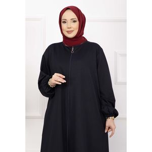 Abaya bleu marine classique à fermeture éclair, style simple, tissu polyester - Product Image 2