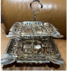 TQC Silver Finished Aluminum 2-<b>Tier</b> Square <b>Cake</b> Stand Microwave Safe Handmade for Hotels - Product Image 1