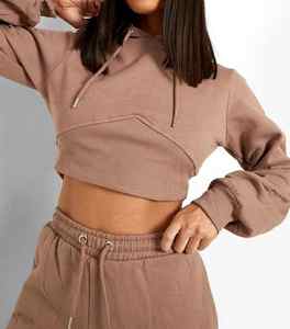 Conjunto de dos piezas para mujer, patrón sólido, Sudadera con capucha para correr, Top corto, de estilo informal pantalones de chándal, conjunto de Top corto con capucha, chándal para mujer - Product Image 2