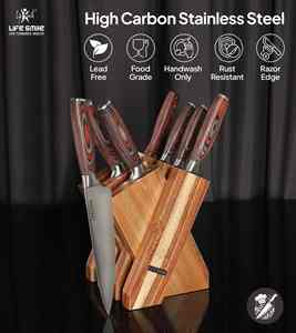 LIFE SMILE Set de couteaux Santuko de chef en acier inoxydable à haute teneur en carbone avec aiguiseur et support en bois Collection de couteaux de cuisine - Product Image 2