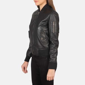 Blouson bomber Ava Ma-1 à col montant en cuir noir pour l'automne - Product Image 2