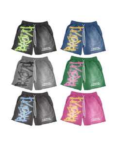 Pantalones cortos para correr con estampado de lavado ácido hechos a mano con serigrafía de algodón de rizo francés y pantalones cortos de hombre con diseño de cordón - Product Image 1