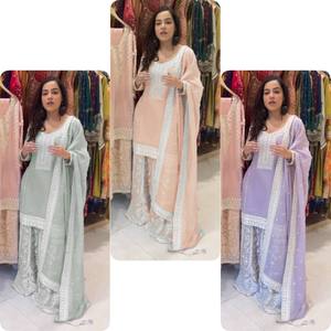 Soft Gold Crush Silk Anarkali Gown Set for Parties Embroidered and <b>Sequin</b> Work Includes Pant and Dupatta-Winter Salwar Kameez - Product Image 1