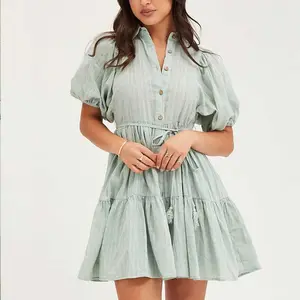 Summer Puff Sleeves Cotton Linen Mini Dresses Women Green Balloon Sleeve Shirts Dress