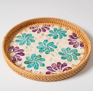 Bandeja Redonda Decorativa de Ratán Tejida a Mano con Incrustaciones Florales de Nácar, para el Hogar, Mesa, de Vietnam - Product Image 4
