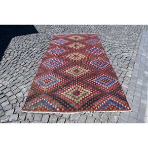 Alfombra de lana Roja turca Vintage 49x103ft área grande decoración étnica tejido plano patrón de retazos diseño de pasillo rectangular PP látex - Product Image 1