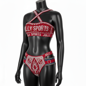 Conjunto de Bikini para Mujer, 230 GSM, Poliéster y Spandex, Tirantes Cruzados Rojos, Panel con Pedrería Hotfix, Logotipo Personalizado - Product Image 3