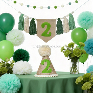 Green Child <strong>2</strong> <strong>Year</strong> <strong>Old</strong> Birthday High Chair Tassel Banner Linen Hat <strong>Party</strong> Decoration - Product Image 3