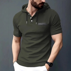 2025 hommes été décontracté sport couleur unie Plaid poche à capuche nouvelle chemise tricotée à manches courtes pour l'Europe et US automne - Product Image 5