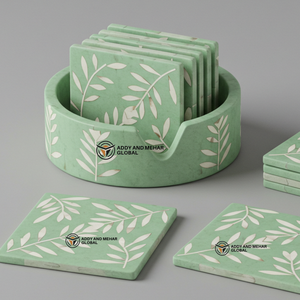Proveedor indio ofrece posavasos con incrustaciones de hueso verde y blanco hechos a mano con soporte posavasos con patrón floral - Product Image 6
