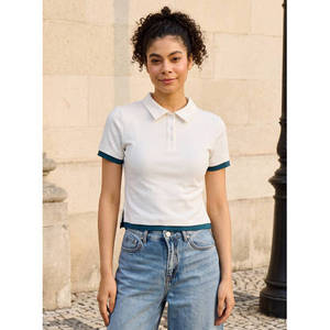 Haut décontracté à col et manches courtes pour femme 110 Apparel, avec bordure contrastante, design classique color block, 100 % coton non extensible - Product Image 1