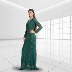 Elegante vestido largo occidental verde esmeralda con cuentas a mano con cuentas brillantes de moda y corte largo elegante para fiestas y funciones formales - Product Image 3