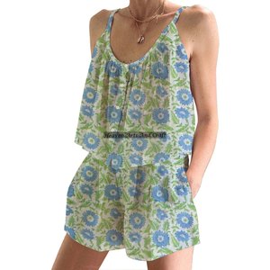 Conjunto de Pijama Corto de Algodón con Estampado Floral Hecho a Mano para Mujer, Primavera/Verano, Conjunto de Pijama Ajustado sin Mangas con Tirantes - Product Image 5