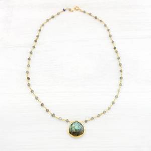 <b>Framed</b> Turquoise Pendant Wire Wrapped Gemstone Chain Birthstone Pear Stone Necklace Summer Statement Jewelry - Product Image 2