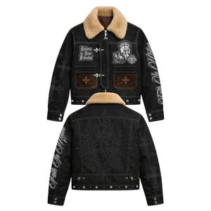 Veste en toile denim zippée coupe-vent d'hiver à col montant pour homme, style streetwear, effet vieilli et délavé personnalisé - Product Image 1