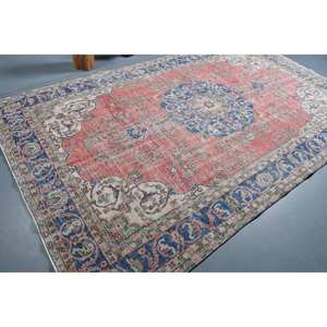 Classique Rouge Bleu Vintage Tapis Turc 6.7X11 ft Grande Surface Rectangle Patchwork Conception Bio Coton Laine Latex Couloir Chambre - Product Image 2
