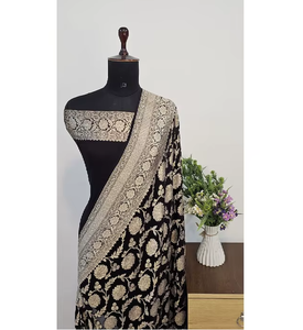 Sari en soie de chiffon Khaddi Georgette fait main, tissage artisanal Banarasi, motif géométrique moderne, qualité supérieure, sari festif pour elle - Product Image 1