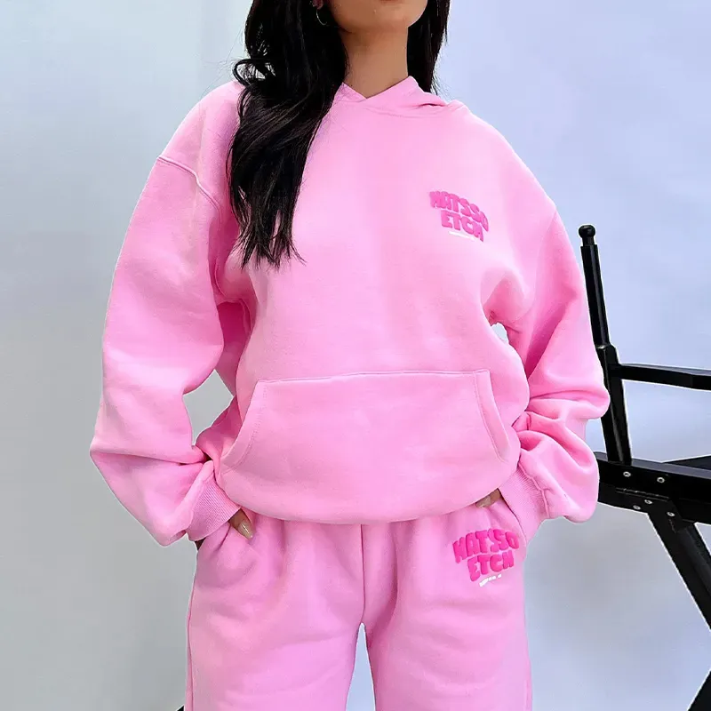 Individuelles LOGO Hersteller Y2K Pink 3d Aufdruck Damen Streetwear Jogginghosen Pullover 2-teiliges übergroßes Hoodie und Jogginghosen-Set