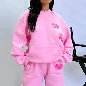 Custom LOGO Manufacturers Y2K Pink 3d Puff Print Women's streetwear sweatpants Pullover 2 pcs Oversized Hoodie And Joggers Set