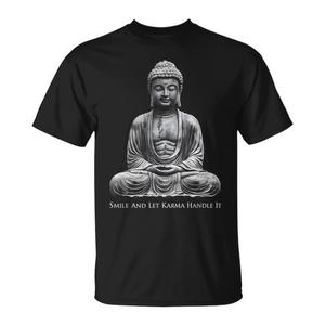 T-shirt con statua di Buddha sorridente Let Karma Handle IT per un look meditativo e ispiratore - Product Image 1