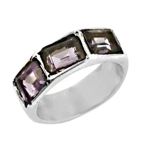 925 <b>Silver</b> Amethyst <b>Ring</b> Emerald Cut Channel Setting Geometric Design Classic Style Unisex Jewelry - Product Image 1