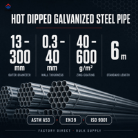 Tuyau en acier galvanisé, tuyau de distribution d'huile, pliage à chaud, revêtement en zinc par immersion à chaud, DN15-DN200, 6m, ISO 9001, CE, tuyau en acier soudé