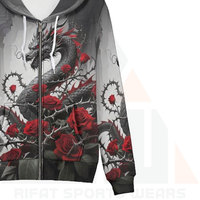 Sudadera con Capucha de Invierno para Mujer, Estilo Gótico, con Estampado 3D de Dragón y Rosa Roja, Cierre Frontal con Cremallera, Tejido No Tejido, Bordado