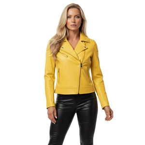 Chaqueta de Motociclista de Cuero Amarillo Protectora para Mujer, Diseño Personalizado, Venta al por Mayor, Cuero Genuino de Fábrica, Estilo Motero, Ropa para Mujer - Product Image 1