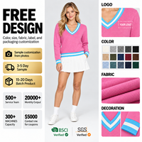 Pull en laine à col en V pour femme FNJIA, rose, bleu, blanc, avec bordure à rayures contrastées, vêtements de travail, fournisseur en gros de tricots personnalisés OEM