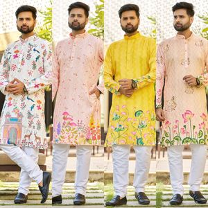Kurta de Alta Calidad para Hombre, Estilo Tradicional Indio, de Algodón, Ligera, Transpirable, con Bordado y Botones Decorativos - Product Image 2
