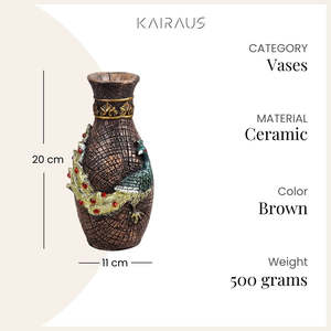 Vase de table antique traditionnel en céramique artisanale marron, de forme irrégulière, décoré de paons, brillant et au design durable - Product Image 4