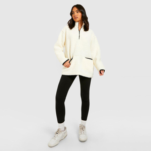 Haute qualité femmes 100% coton polaire sweat à capuche 1/4 quart fermeture éclair pull brodé strass hiver surdimensionné - Product Image 1