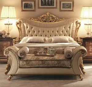 Koninklijke Europese Luxe Franse Design Massief Houten Bed Kamer Antieke Gouden Slaapkamer Meubelset