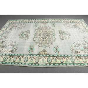 พรมวินเทจขนาด 6.1x9.4 ฟุต พรมตุรกีขนาดใหญ่ พรมขนสัตว์สีเขียวขาวลายนามธรรม - Product Image 2