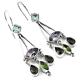 Boucles d'oreilles pendantes vintage en argent 925, multi-pierres précieuses, perle d'eau douce, diamant, design géométrique, pour femme, cadeau de mariage - Product Image 2