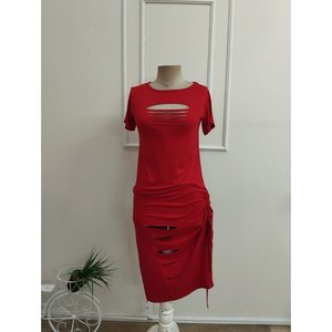 Vestido midi de viscosa de manga corta para mujer con detalles de corte láser en el busto y en las piernas y abertura fruncida profunda, 36601 - Rojo - Product Image 4
