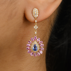 Luxueux Style classique 18K véritable or jaune saphir naturel diamant boucles d'oreilles bijoux d'anniversaire de mariage fabriqués à la main - Product Image 4